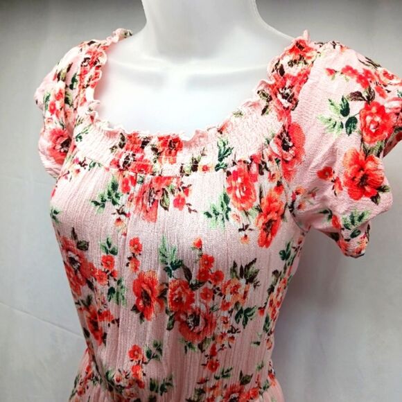Bongo Floral Romper Smock Neckline+Waist 2 Pocket 100% Rayon Women's Large. Pink - Picture 2 of 11